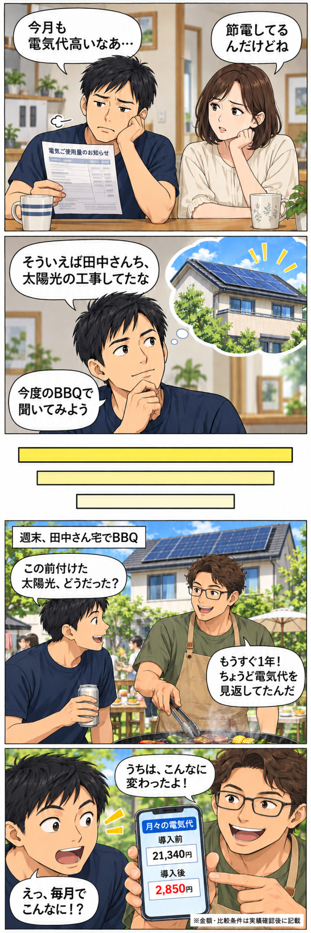 週末、田中さん宅でBBQ。この前付けた太陽光どうだった?もうすぐ1年、ちょうど電気代を見返してたんだ。