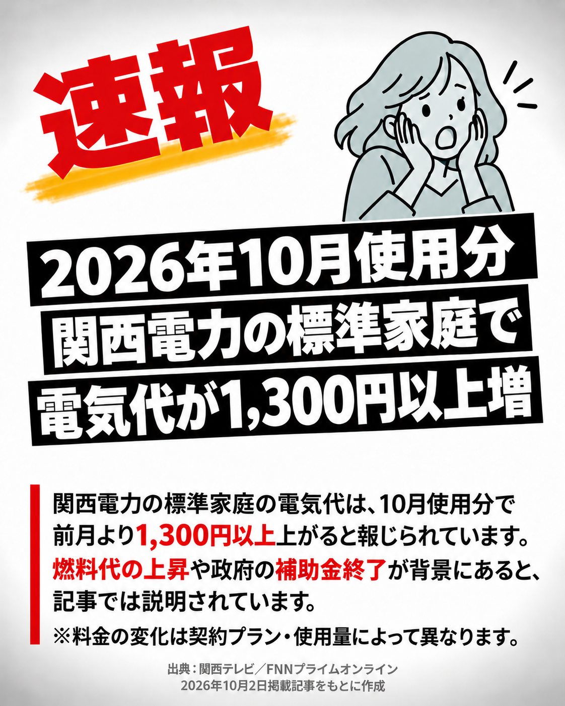 電気代についての速報:関西電力の標準家庭に関する2026年10月使用分の料金増を伝える、提供された画像